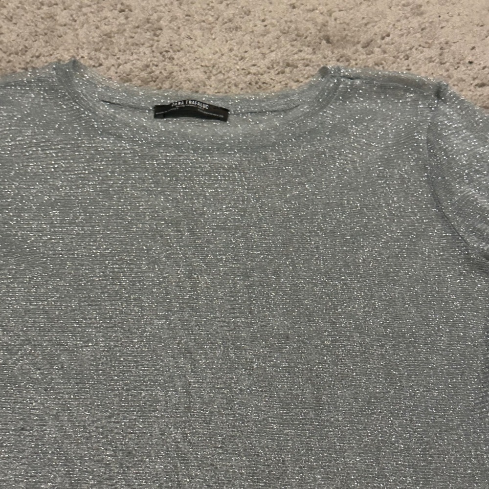 Zara Trafaluc Silver Metallic Shimmer Knit Short Sleeve‎ Top Size M SS17 - Picture 3 of 6
